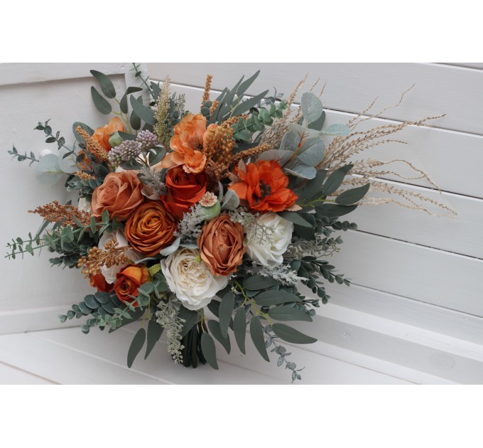 Bouquets in burnt orange ivory sage green color theme. Bridal bouquet. Faux bouquet. Bridesmaid bouquet. 5348