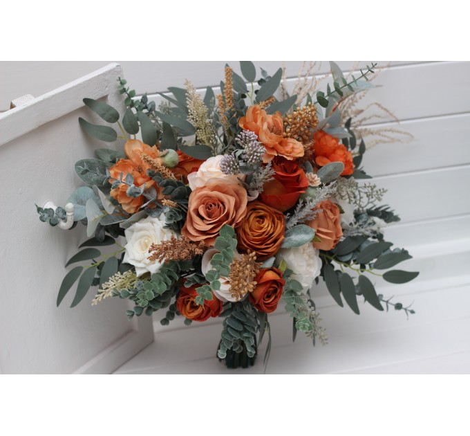 Bouquets in burnt orange ivory sage green color theme. Bridal bouquet. Faux bouquet. Bridesmaid bouquet. 5348