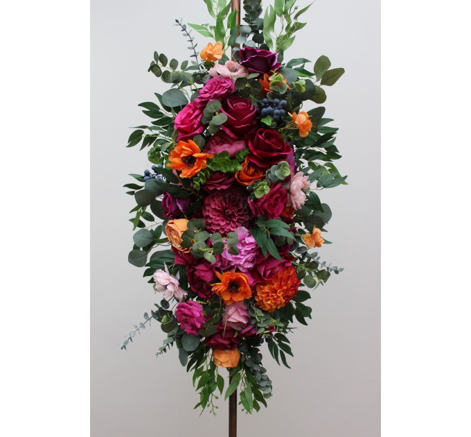  Flower arch arrangement in orange pink magenta colors.  Arbor flowers. Floral archway. Faux flowers for wedding arch. 5127