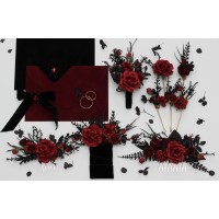 Black red and burgundy gothic boutonnieres with artificial flowers and spider bead – Regular & Pocket Styles. 5349