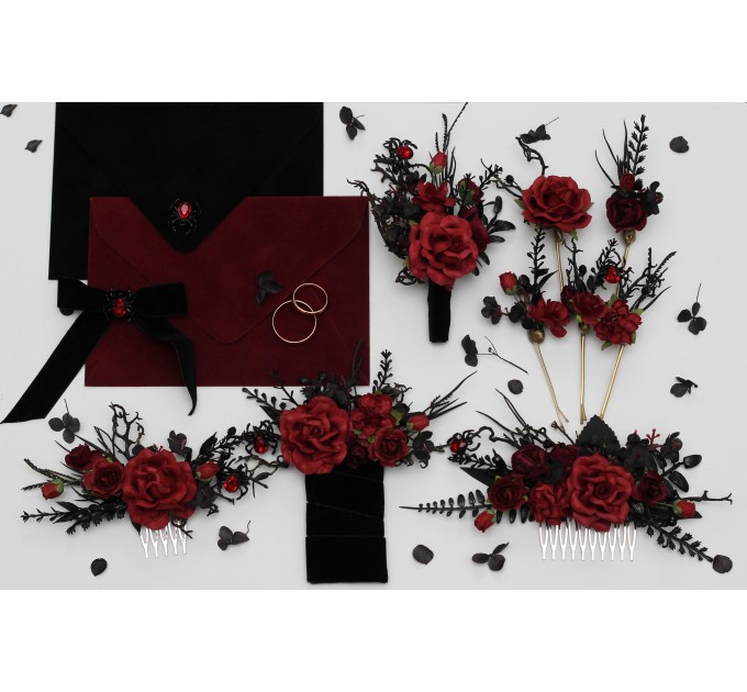 Black, Red, and Burgundy Gothic Boutonnieres with Artificial Flowers and Spider Bead