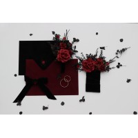 Black red and burgundy gothic boutonnieres with artificial flowers and spider bead – Regular & Pocket Styles. 5349