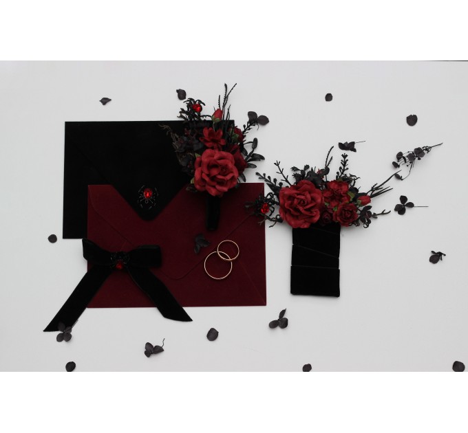 Black, Red, and Burgundy Gothic Boutonnieres with Artificial Flowers and Spider Bead