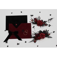 Black red burgundy gothic hair combs with artificial flowers and spider bead - Dark elegance for alternative fashion 5349