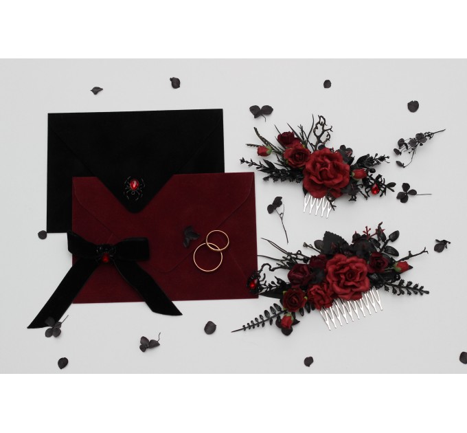 Black, Red, and Burgundy Gothic Hair Combs with Artificial Flowers and Spider Bead