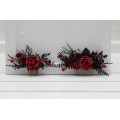 Black, Red, and Burgundy Gothic Hair Combs with Artificial Flowers and Spider Bead