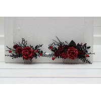 Black red burgundy gothic hair combs with artificial flowers and spider bead - Dark elegance for alternative fashion 5349