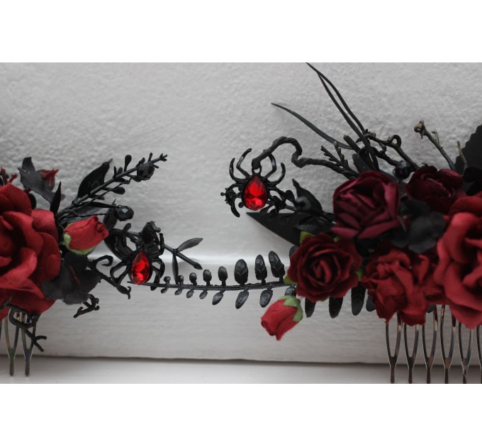 Black, Red, and Burgundy Gothic Hair Combs with Artificial Flowers and Spider Bead