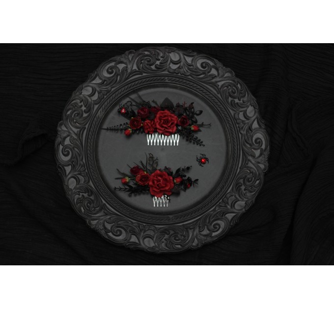 Black, Red, and Burgundy Gothic Hair Combs with Artificial Flowers and Spider Bead