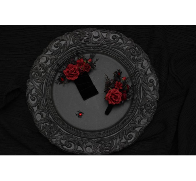 Black, Red, and Burgundy Gothic Boutonnieres with Artificial Flowers and Spider Bead