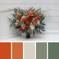 Bouquets in burnt orange ivory sage green color theme. Bridal bouquet. Faux bouquet. Bridesmaid bouquet. 5348