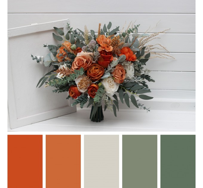 Bouquets in burnt orange ivory sage green color theme. Bridal bouquet. Faux bouquet. Bridesmaid bouquet. 5348