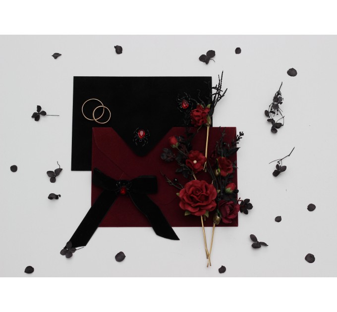 Black, Red, and Burgundy Gothic Hair Pins with Artificial Flowers and Spider Bead