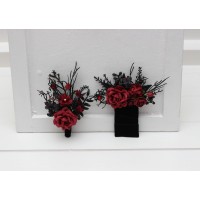 Black red and burgundy gothic boutonnieres with artificial flowers and spider bead – Regular & Pocket Styles. 5349