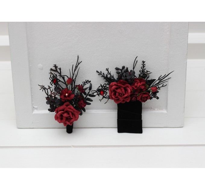 Black, Red, and Burgundy Gothic Boutonnieres with Artificial Flowers and Spider Bead