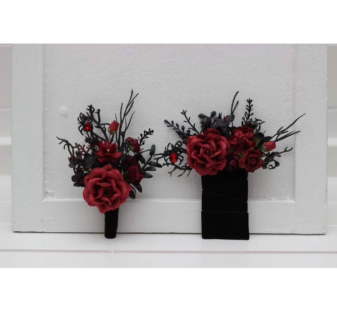 Black, Red, and Burgundy Gothic Boutonnieres with Artificial Flowers and Spider Bead