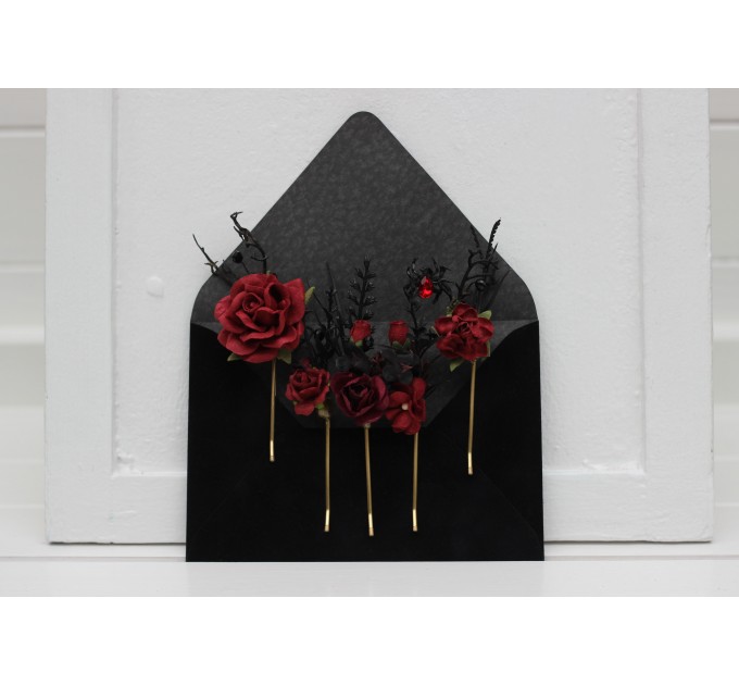 Black, Red, and Burgundy Gothic Hair Pins with Artificial Flowers and Spider Bead