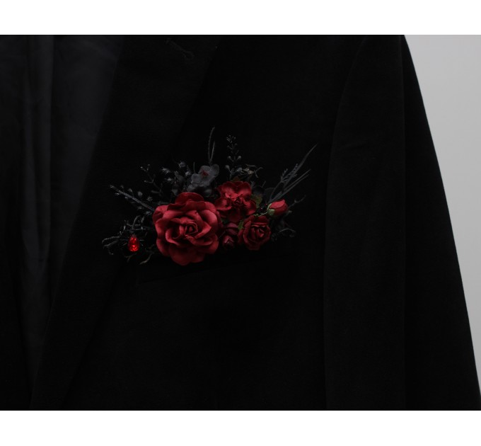 Black, Red, and Burgundy Gothic Boutonnieres with Artificial Flowers and Spider Bead