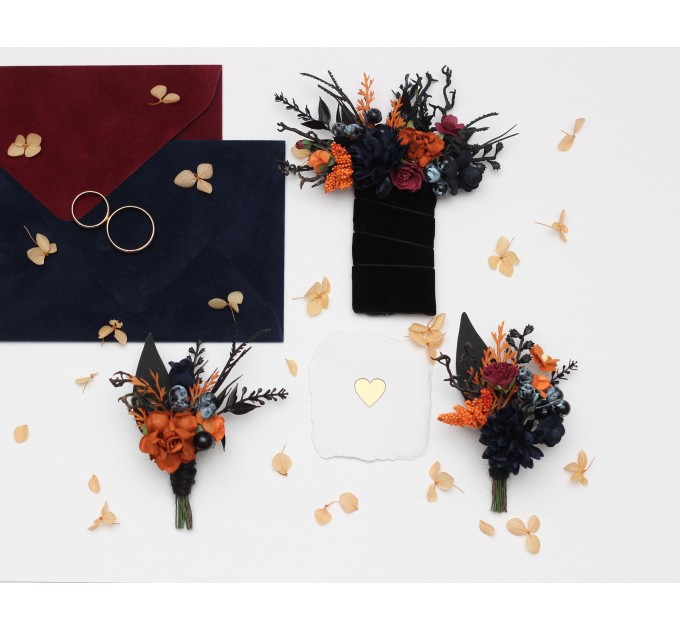 Boutonnieres in Black, Rust, Navy Blue, and Burgundy for Weddings