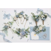  Wedding boutonnieres  in dusty blue and white color scheme. Flower accessories. 5352