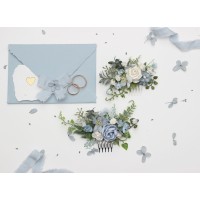 Flower combs in dusty blue and white color scheme. Wedding accessories for hair. Bridal flower comb. Bridesmaid floral comb. 5352