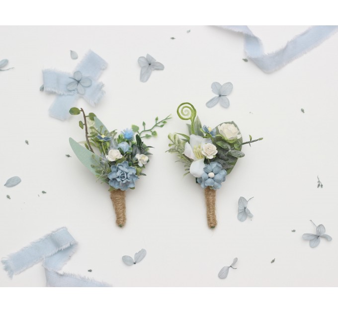 Elegant dusty blue & white wedding accessories – Boutonnieres