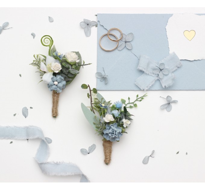 Elegant dusty blue & white wedding accessories – Boutonnieres