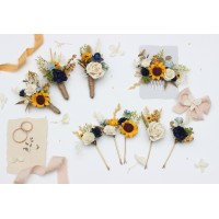  Set of  5 hair pins with sunflowers  in navy blue, cream, dusty blue color scheme. Flower hair pins. Hair accessories. Flower accessories for wedding.  Bridesmaid gift.  5353