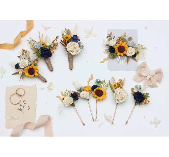 Set of 5 Hair Pins with Sunflowers in Navy Blue, Cream, and Dusty Blue