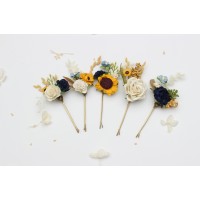  Set of  5 hair pins with sunflowers  in navy blue, cream, dusty blue color scheme. Flower hair pins. Hair accessories. Flower accessories for wedding.  Bridesmaid gift.  5353