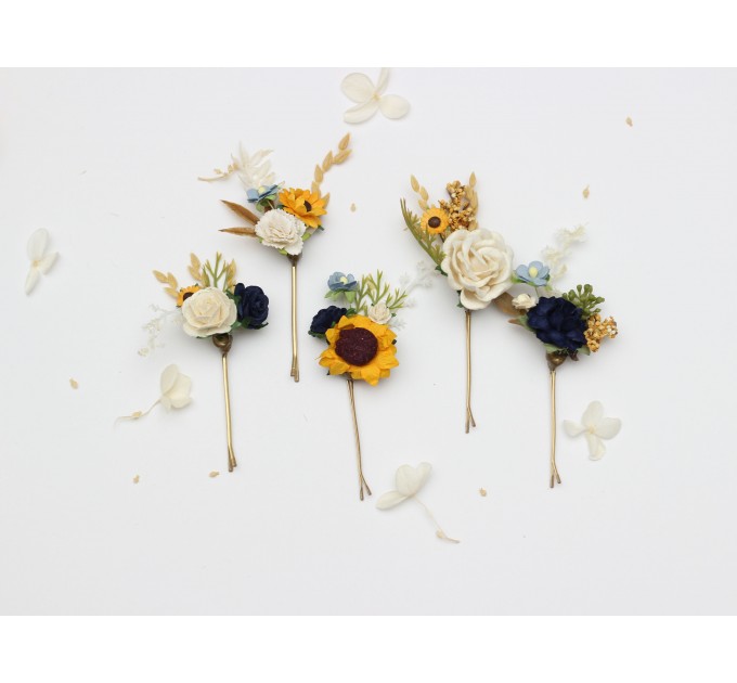 Set of 5 Hair Pins with Sunflowers in Navy Blue, Cream, and Dusty Blue