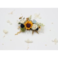 Flower comb with sunflowers  in navy blue, cream, dusty blue color scheme. Wedding accessories for hair. Bridal flower comb. Bridesmaid floral comb. 5353