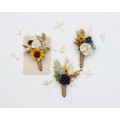 Wedding Boutonnieres with Sunflowers in Navy Blue, Cream, and Dusty Blue