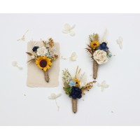  Wedding boutonnieres with sunflowers  in navy blue cream dusty blue color scheme. Flower accessories. 5353