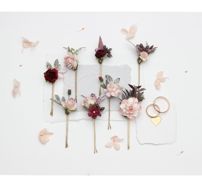 Blush Pink & Burgundy Wedding Accessories – Hair Pins with Crystals and Berries