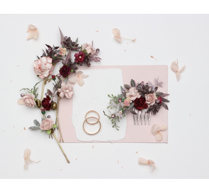 Blush Pink & Burgundy Wedding Accessories – Hair Pins with Crystals and Berries