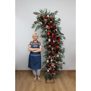  Large flower arch arrangement in burgundy rust orange cream colors.  Arbor flowers. Floral archway. Faux flowers for wedding arch. Fireplace flowers. Pillar flowers. 5359
