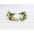 Elven Woodland Flower Crown with Whate and Yellow Daisies, Gold Twigs, and Green Gem