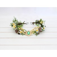 Elven woodland flower crown with daisies, gold twigs, and green gem 5358