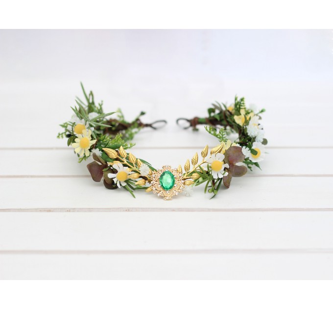 Elven Woodland Flower Crown with Whate and Yellow Daisies, Gold Twigs, and Green Gem