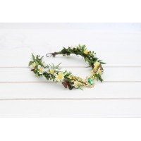 Elven woodland flower crown with daisies, gold twigs, and green gem 5358