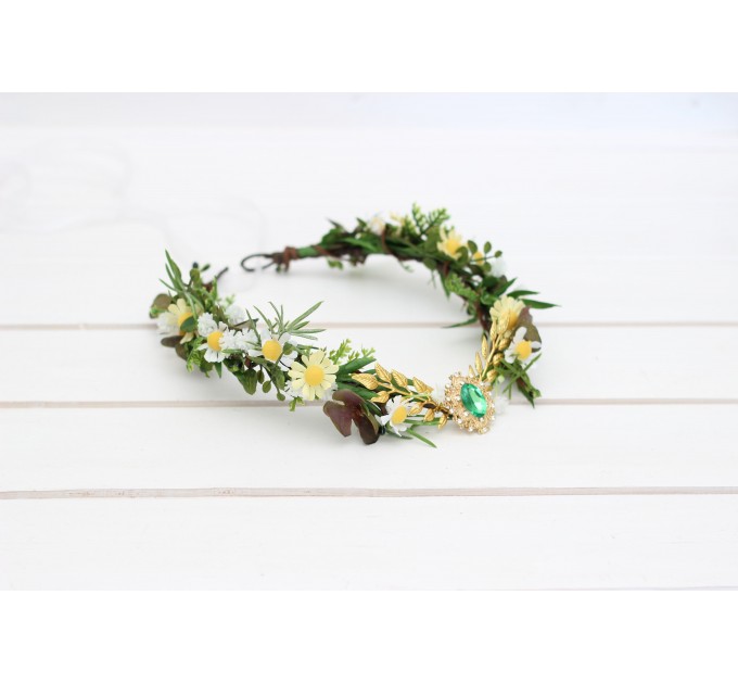 Elven Woodland Flower Crown with Whate and Yellow Daisies, Gold Twigs, and Green Gem