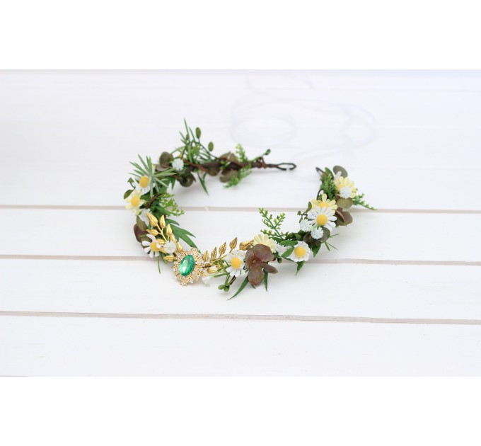 Elven Woodland Flower Crown with Whate and Yellow Daisies, Gold Twigs, and Green Gem