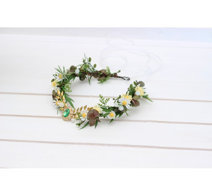 Elven Woodland Flower Crown with Whate and Yellow Daisies, Gold Twigs, and Green Gem