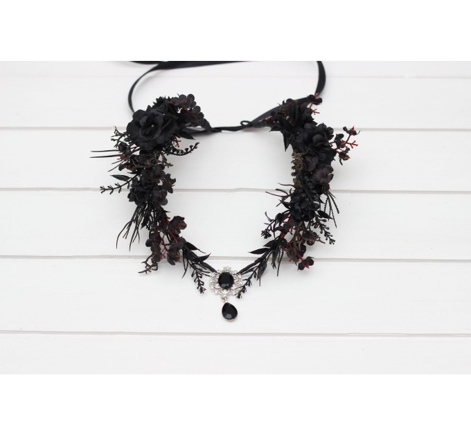 Gothic Black Flower Crown - Witch Tiara with Ribbon and Black Gem