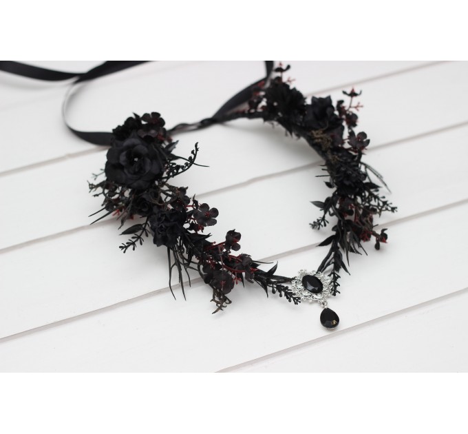 Gothic Black Flower Crown - Witch Tiara with Ribbon and Black Gem