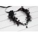 Gothic Black Flower Crown - Witch Tiara with Ribbon and Black Gem