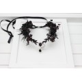 Gothic Black Flower Crown - Witch Tiara with Ribbon and Black Gem