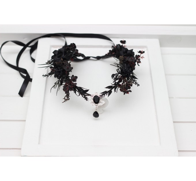 Gothic Black Flower Crown - Witch Tiara with Ribbon and Black Gem