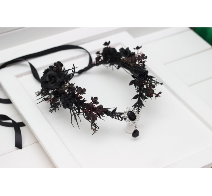 Gothic Black Flower Crown - Witch Tiara with Ribbon and Black Gem